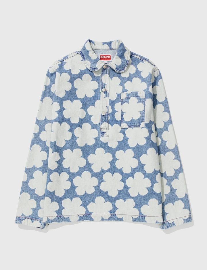 Kenzo Printed Cotton Denim Polo Overshirt In Blue