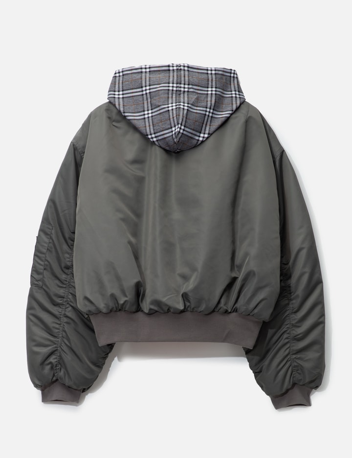 Praying Womens Plaid-hood Shell Bomber Jacket Grey Xs