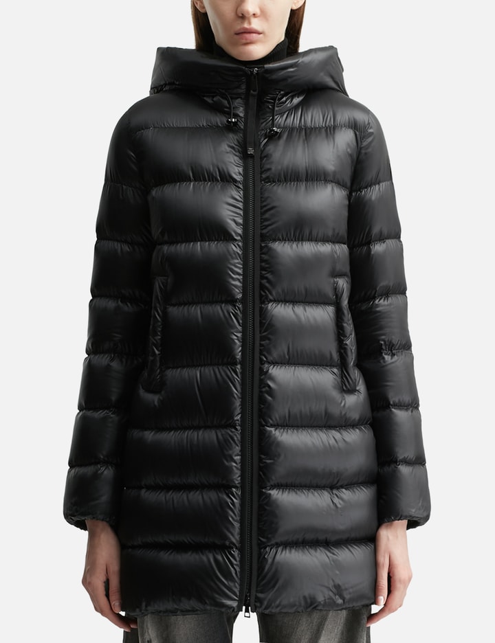 Moncler Suyenne Hooded Mid-length Down Jacket In Black