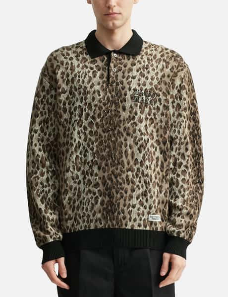 Wacko Maria Leopard Jacquard Knit Polo Shirt - Beige leopard knit 