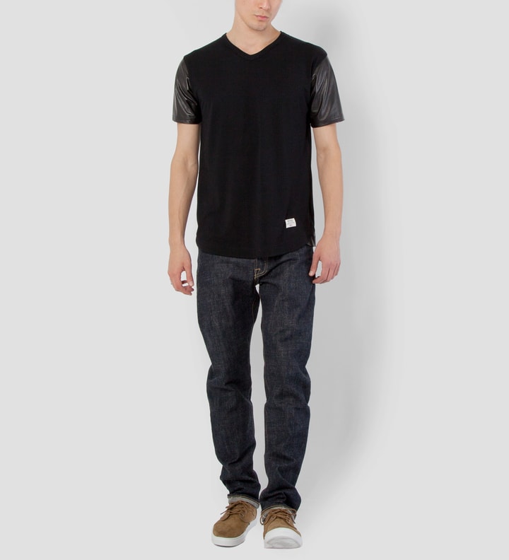 Black Mr. Hide Leather Sleeve V-Neck T-Shirt Placeholder Image