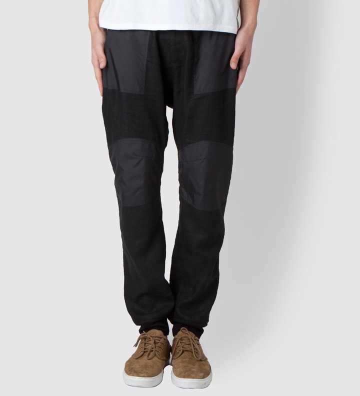 Black Linen Drawstring Jogging Pant with Knit/ Nylon Combo Detailing Placeholder Image