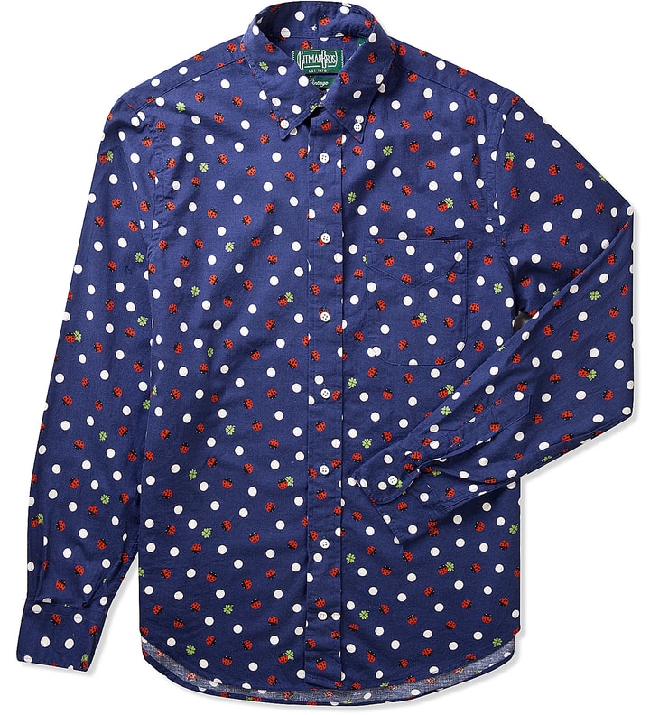 Navy Ladybug Polka Dot Button Down Shirt Placeholder Image