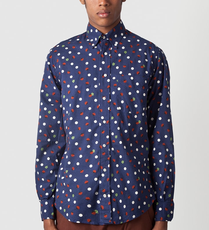 Navy Ladybug Polka Dot Button Down Shirt Placeholder Image