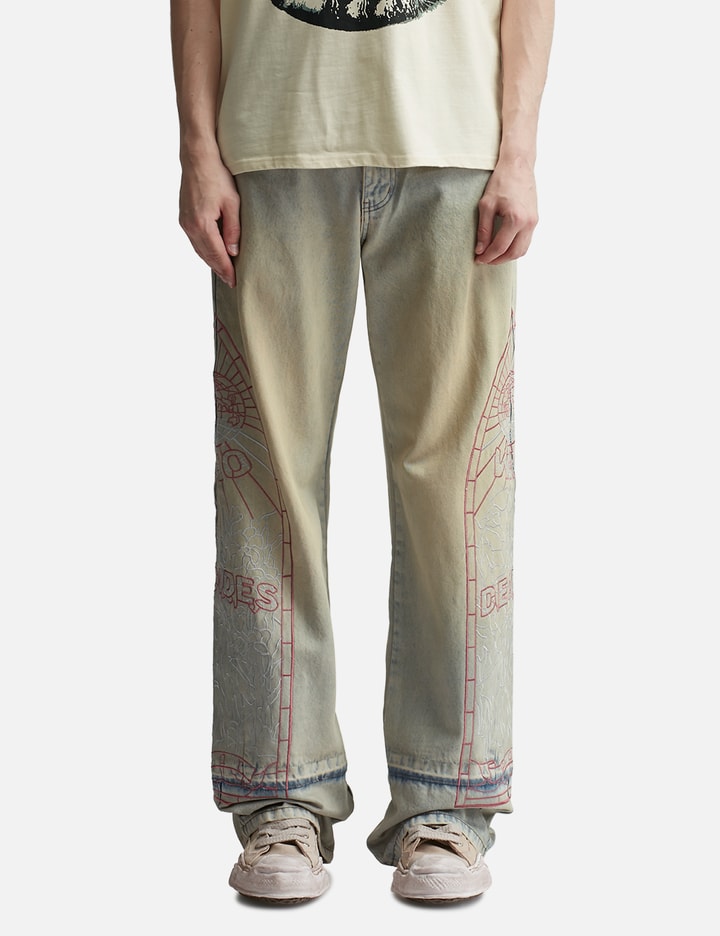 Shop Who Decides War Extended Hem Embroidered Denim Pant In Blue