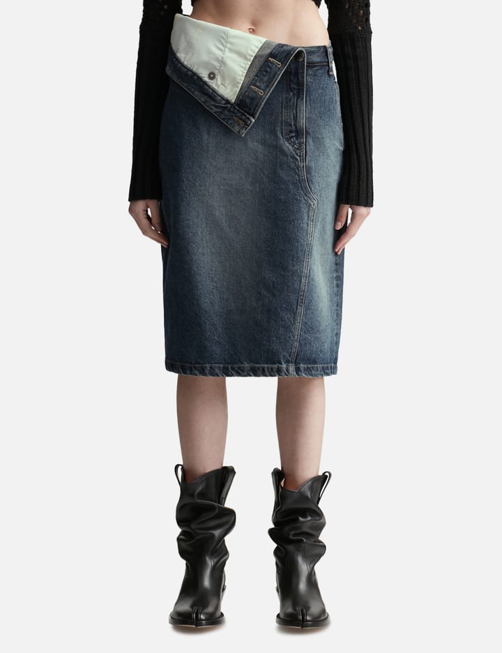 Folded-Waist Denim Midi Skirt