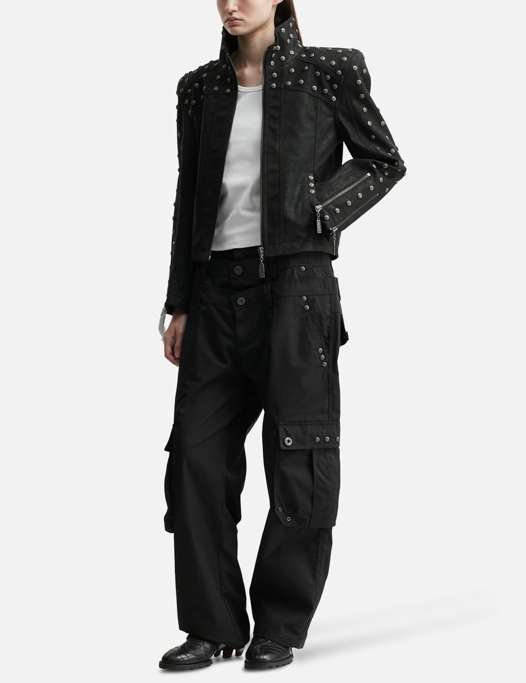 Chan Studded PU Leather Jacket With Shoulder Pads view 16