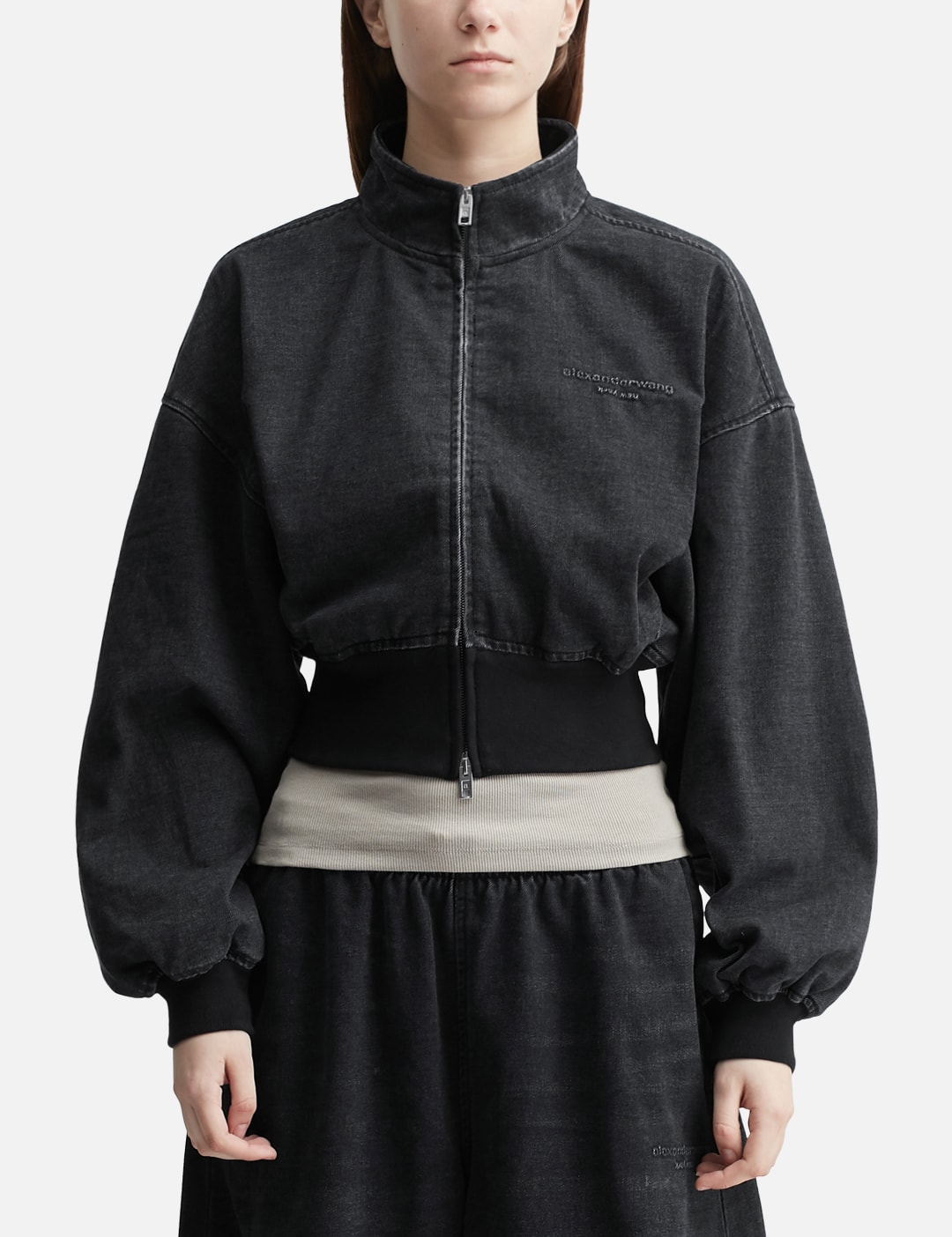 Black Brushed Denim Funnel Neck Jacket view 13