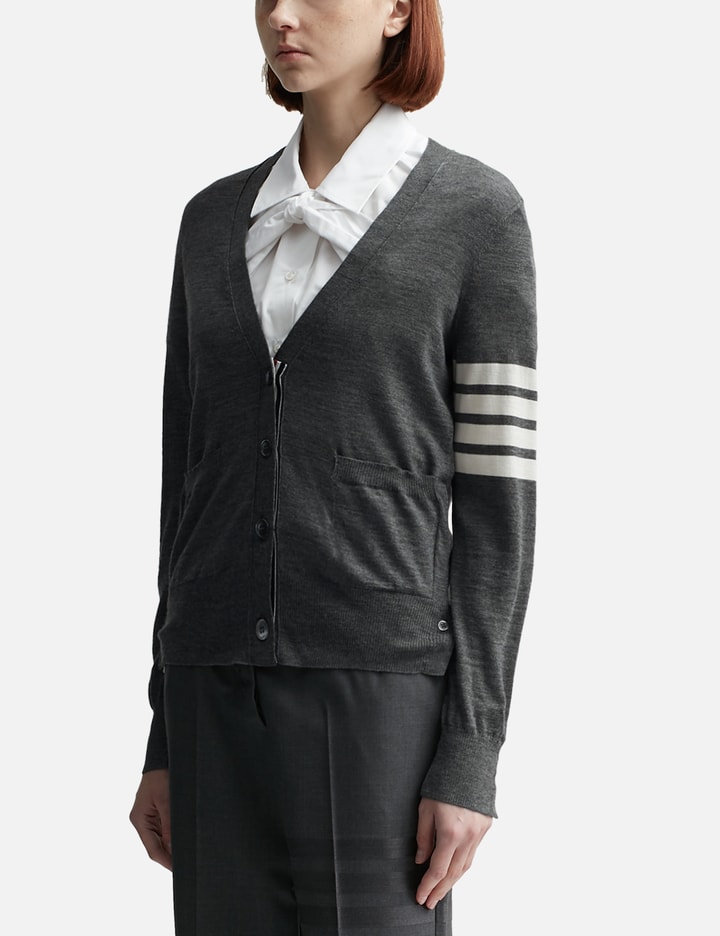 Shop Thom Browne Fine Merino Wool V-neck 4-bar Cardigan In Grey