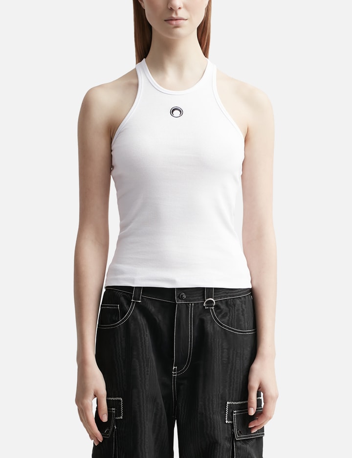 Marine Serre White Moon Logo Ribbed Jersey Tank Top In Gray