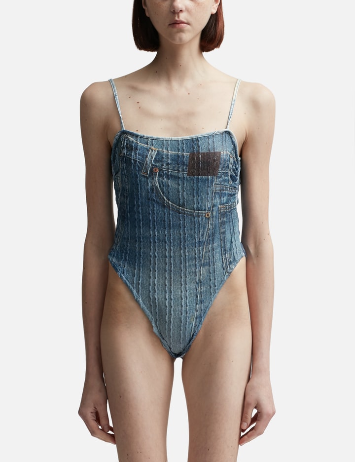 Shop Andersson Bell Denim Printed Knit Bodysuit In Blue