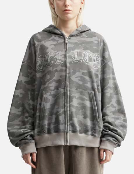 YEEL Studded Zip-up Hoodie Oversized Camo
