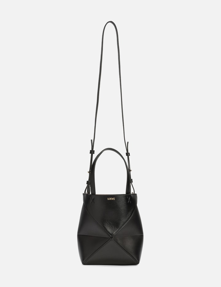 Loewe Mini Puzzle Fold Tote In Shiny Calfskin In Black