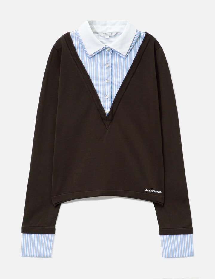 Brown Long-Sleeve Knit Top With Multi-Layer Collar