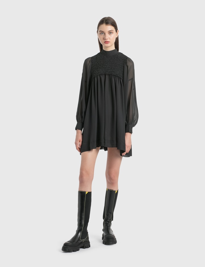 ganni smocked chiffon dress GANNI Sheer Fluid Check Mini Smock Dress