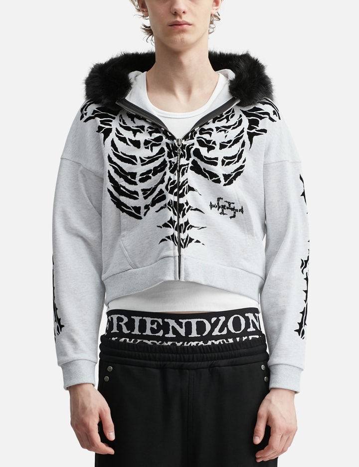 Thought We Friends "Robin" Grey Skeleton Zip-Up Hoodie With Faux Fur Hood
