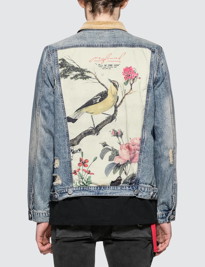 Printed Floral Birds Distressed Denim Jacket with Corduroy Collar Placeholder Image