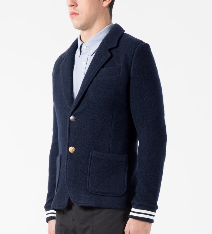 Classic Navy Felted Fleece Mix Button Blazer with Rib Cuffs Placeholder Image
