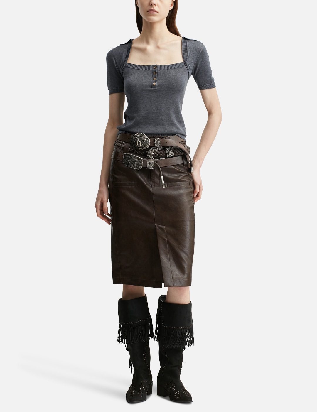 Brown Faux Leather Pencil Skirt With Detachable Belts view 15