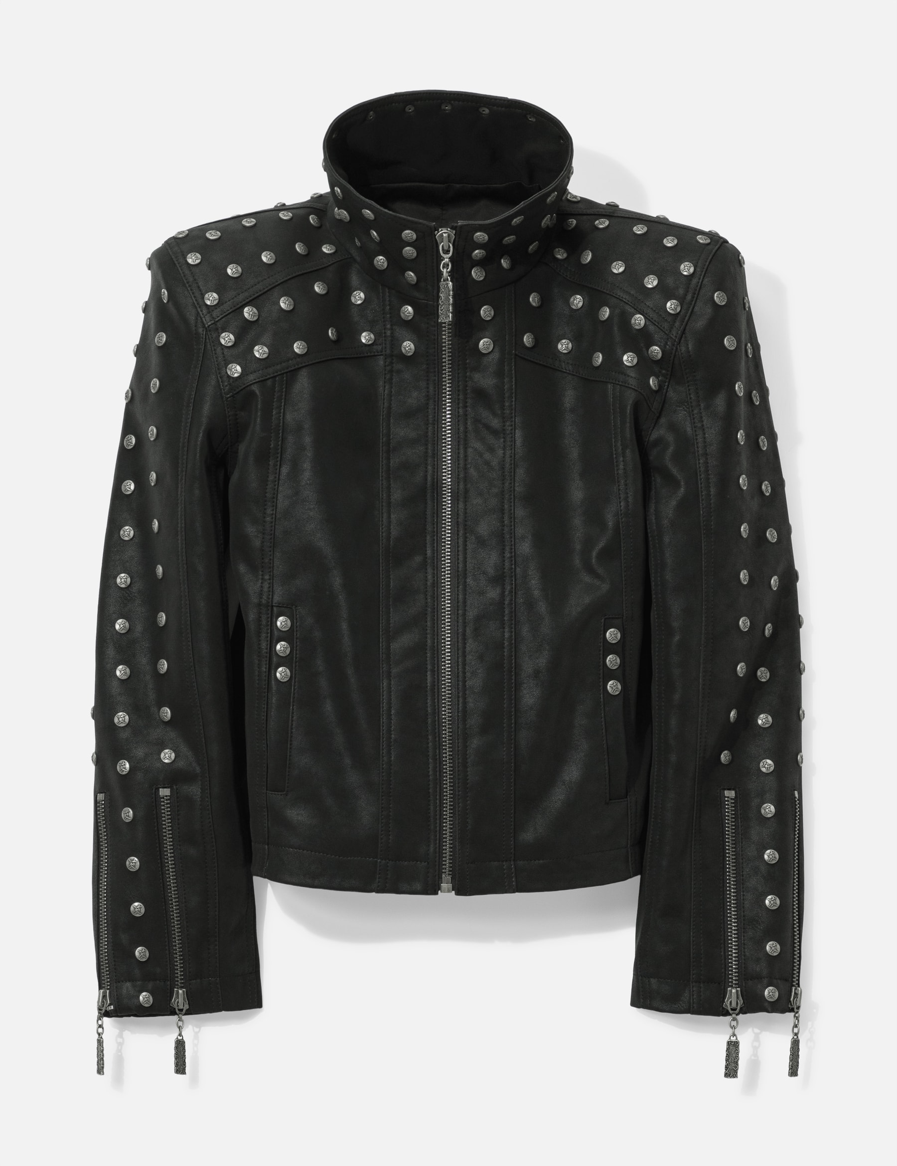 Chan Studded PU Leather Jacket With Shoulder Pads view 16
