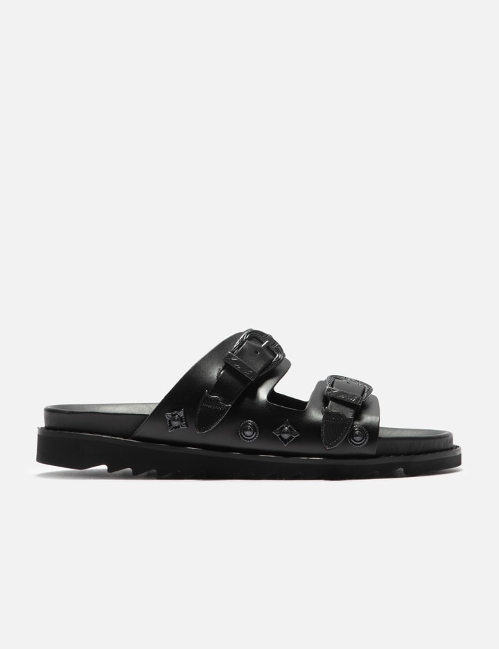 BLACK LEATHER GUNMETAL HARDWARE SANDAL Placeholder Image