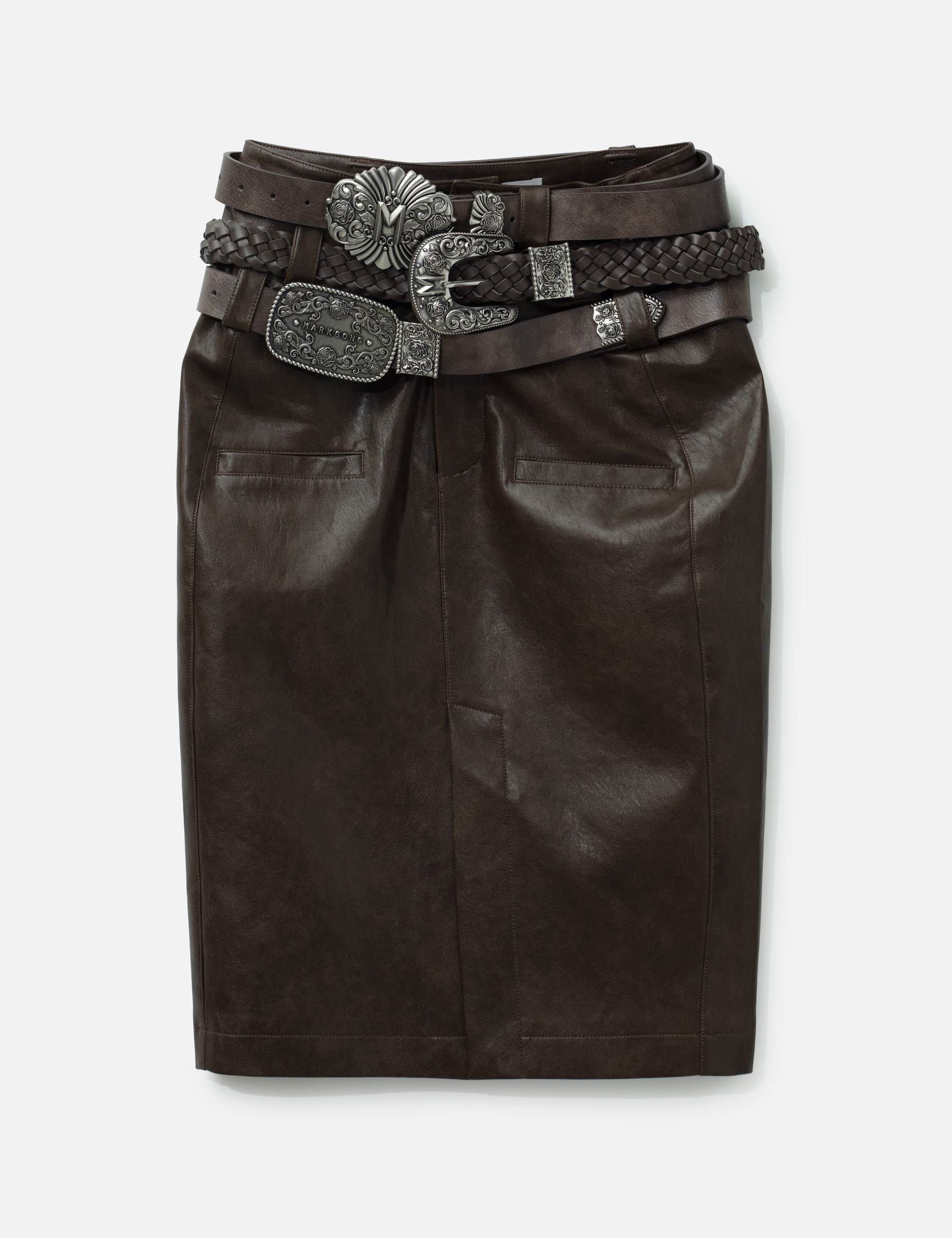 Brown Faux Leather Pencil Skirt With Detachable Belts view 16