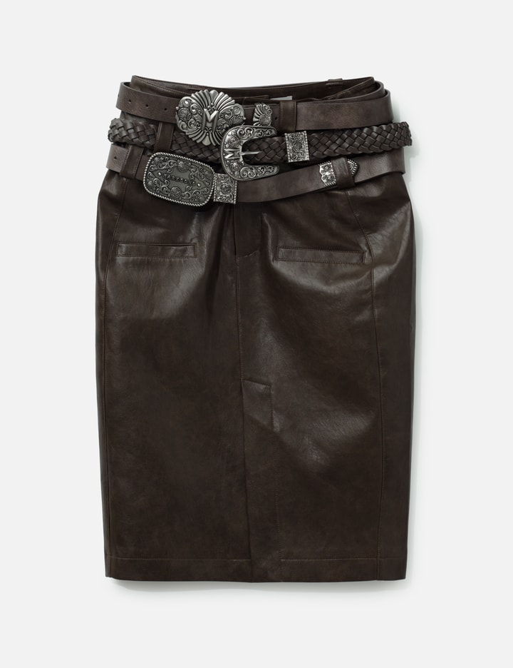 BROWN FAUX LEATHER PENCIL SKIRT WITH DETACHABLE BELTS Placeholder Image