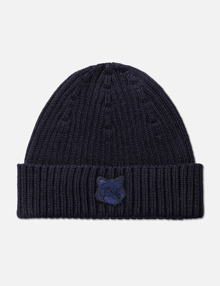 Maison Kitsuné Bold Fox Head Patch Ribbed Beanie In Blue