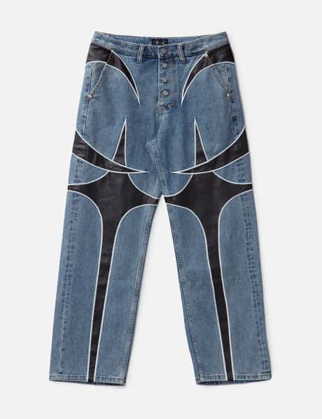 THUG CLUB Leather Patch Washed Jeans