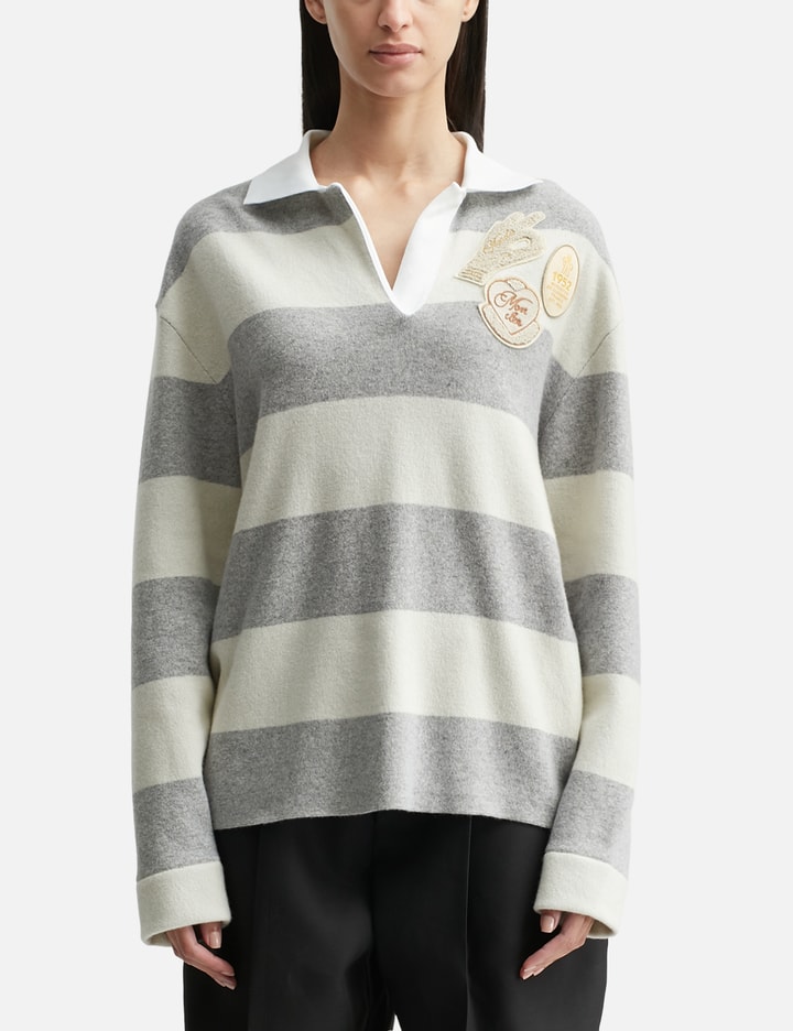 Moncler Striped Long Sleeve Wool Polo Shirt In Gray