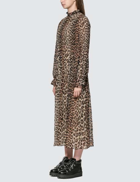 ganni pleated georgette dress leopard Leopard Pleated Georgette V-neck Flounce Mini Dress
