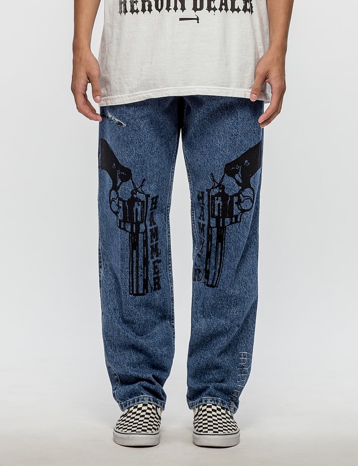 samfund bomuld Tilskynde Warren Lotas - Distressed Levis 540 Jeans with Black Guns | HBX - Globally  Curated Fashion and Lifestyle by Hypebeast