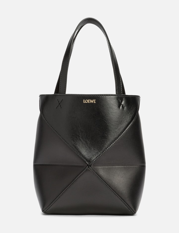 Loewe Mini Puzzle Fold Tote In Shiny Calfskin In Black