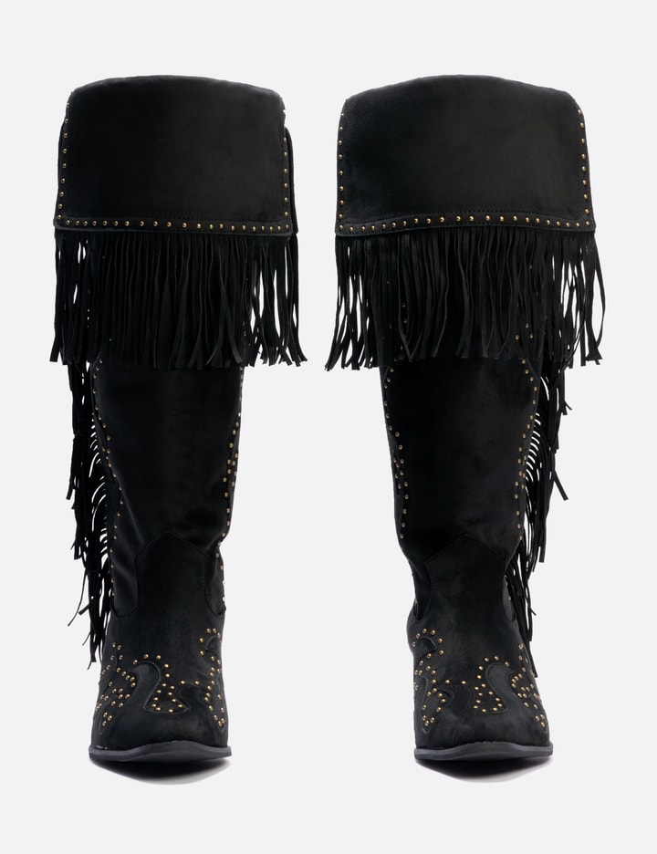 Studded Suede Fringe Boots Black Placeholder Image
