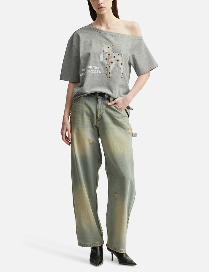 Off-Shoulder Short Sleeve T-Shirt With Sweet Treat Sheep Print Placeholder Image