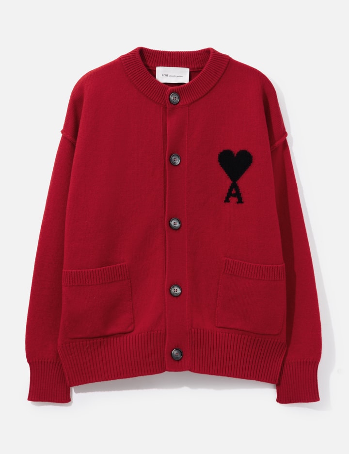 Ami Red Crewneck Wool Cardigan With Ami De Coeur