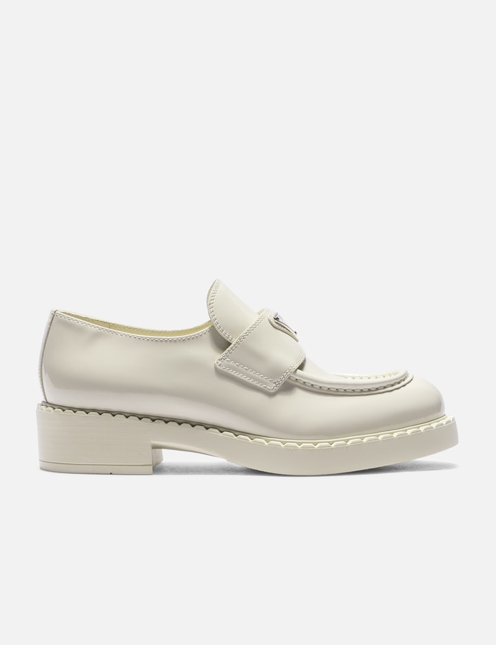 Prada Chocolate Polished Leather Loafers In White