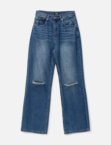 CODA Indigo Washed Destroyed Break Cut Flared Jeans