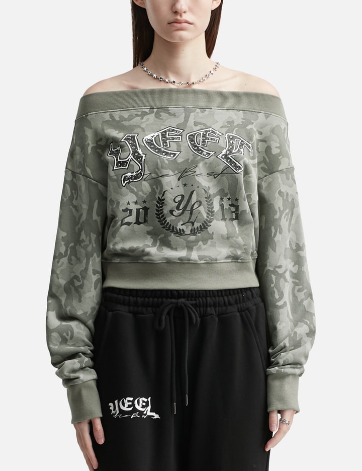 Graphic Off-shoulder Cropped Top Camo Placeholder Image
