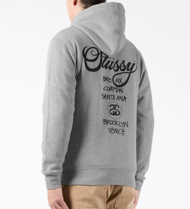 Stüssy - Heather Grey World Tour Zip Hoodie | HBX - Globally Curated  Fashion and Lifestyle by Hypebeast