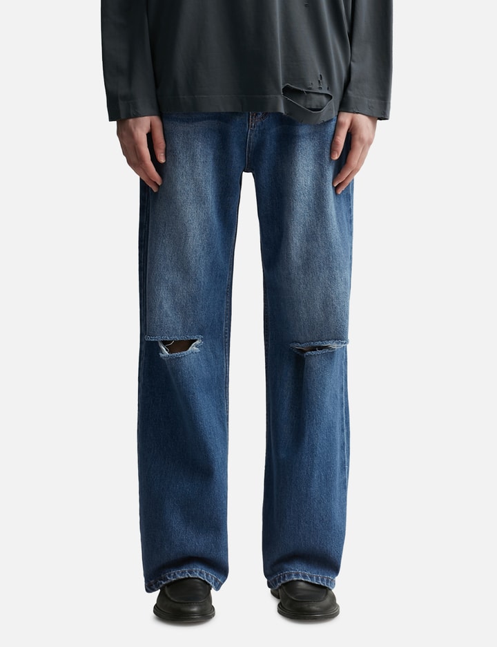 Indigo Washed Destroyed Break Cut Flared Jeans Placeholder Image