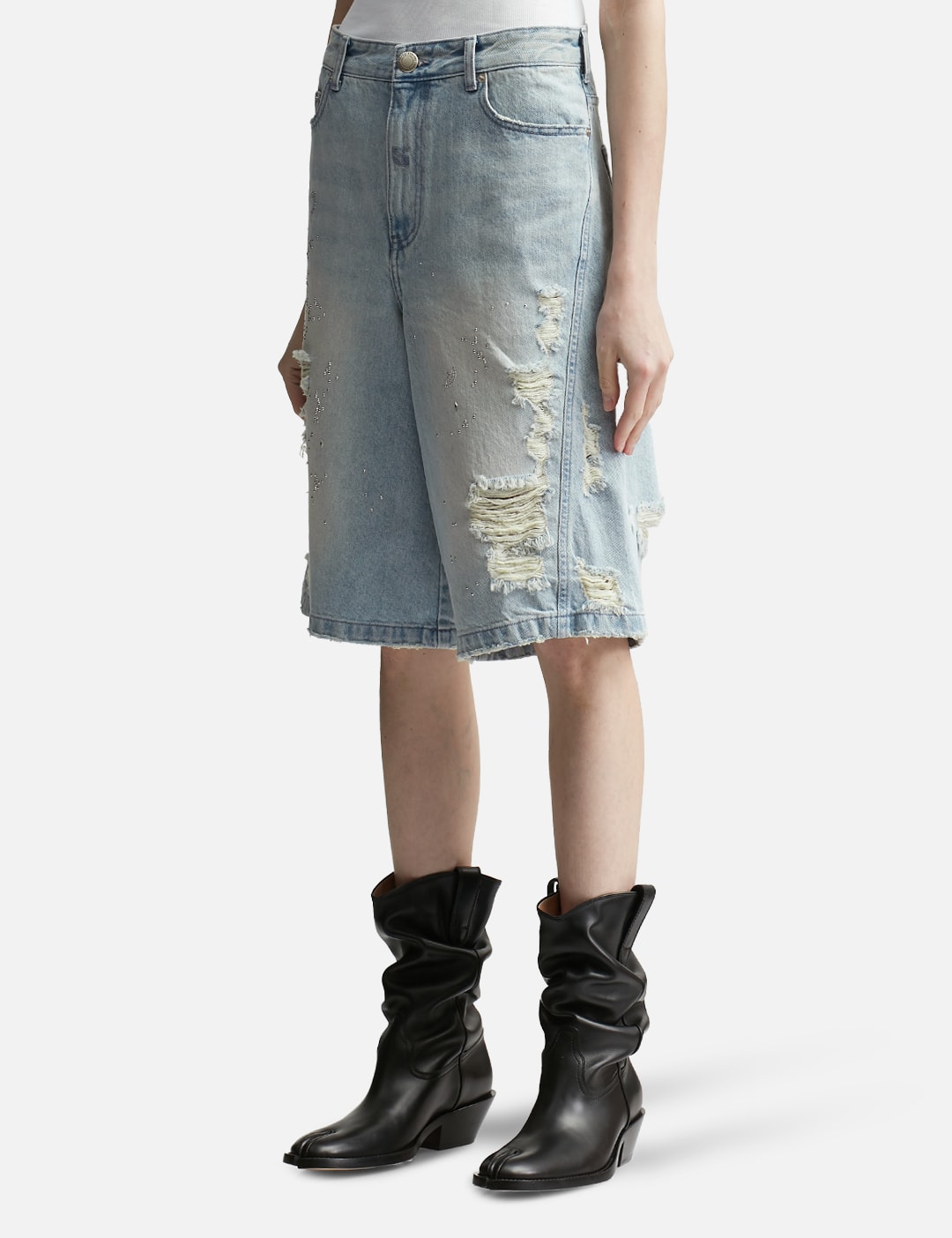 Crystal-Embellished Ripped Denim Shorts view 14