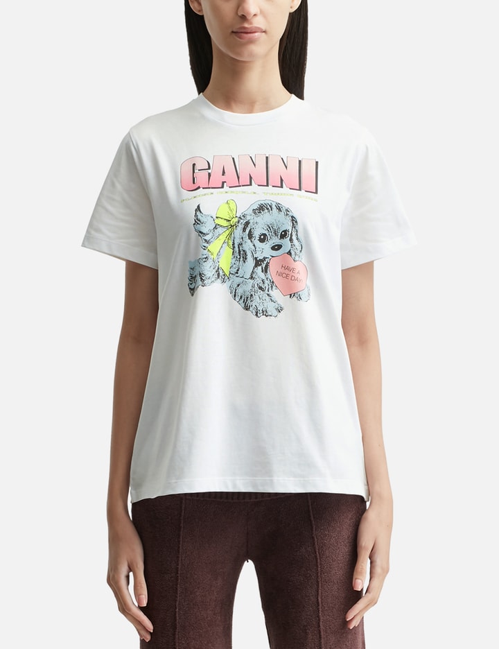Ganni Graphic Print Crew Neck Short Sleeve Top In White