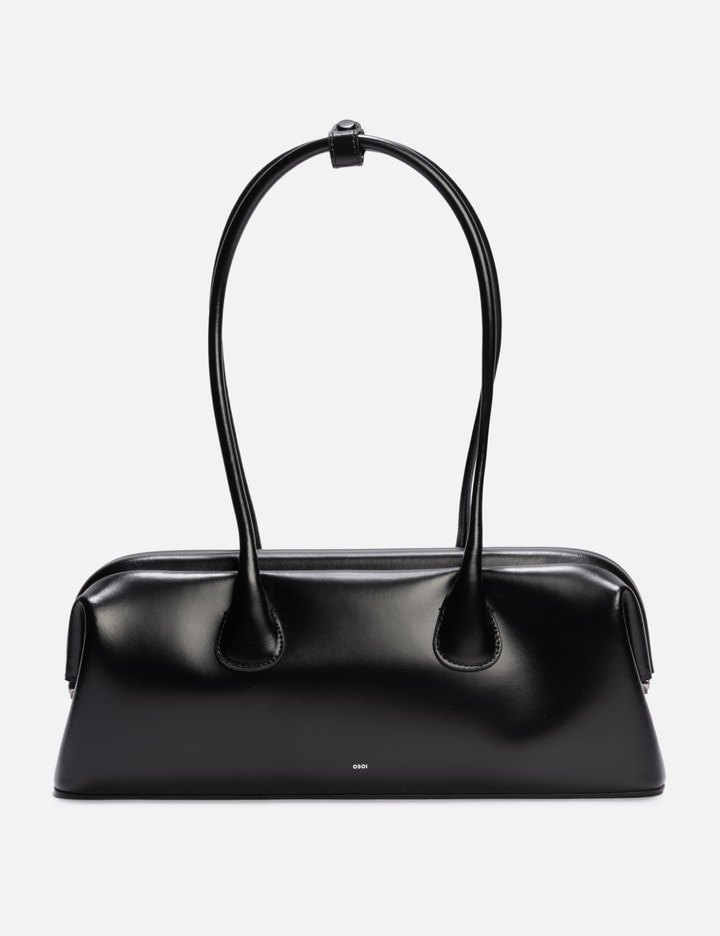 Osoi Boat Wide Mini Black Shoulder Bag With Round Handles And Logo Lettering On The Front In Leather Woma In Black