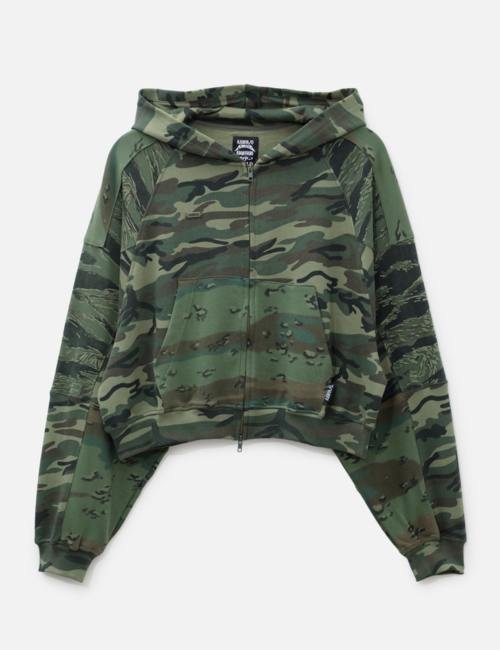 AJOBYAJO Cropped Mixed Camo Zip-Up Hoodie