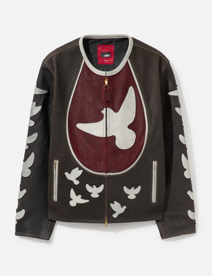 KidSuper Doves Distressed Leather Moto Jacket