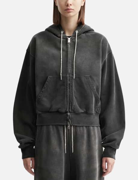 T By Alexander Wang Cropped Zip-Up Hoodie with Crystal Hotfix Drawcord