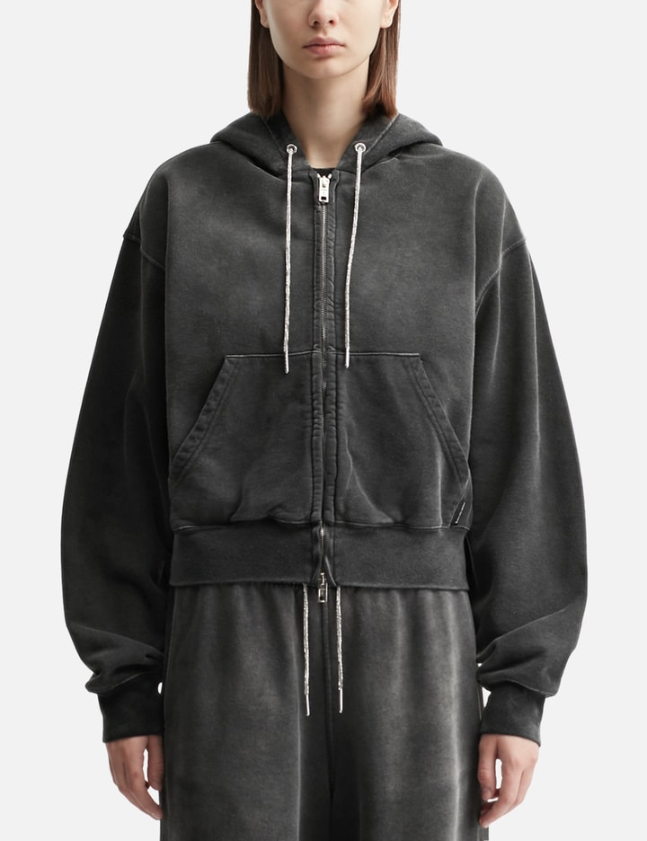 Cropped Zip-Up Hoodie with Crystal Hotfix Drawcord Placeholder Image