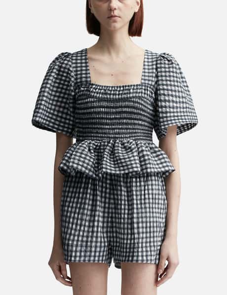 Ganni Seersucker Check Open-neck Smock Blouse