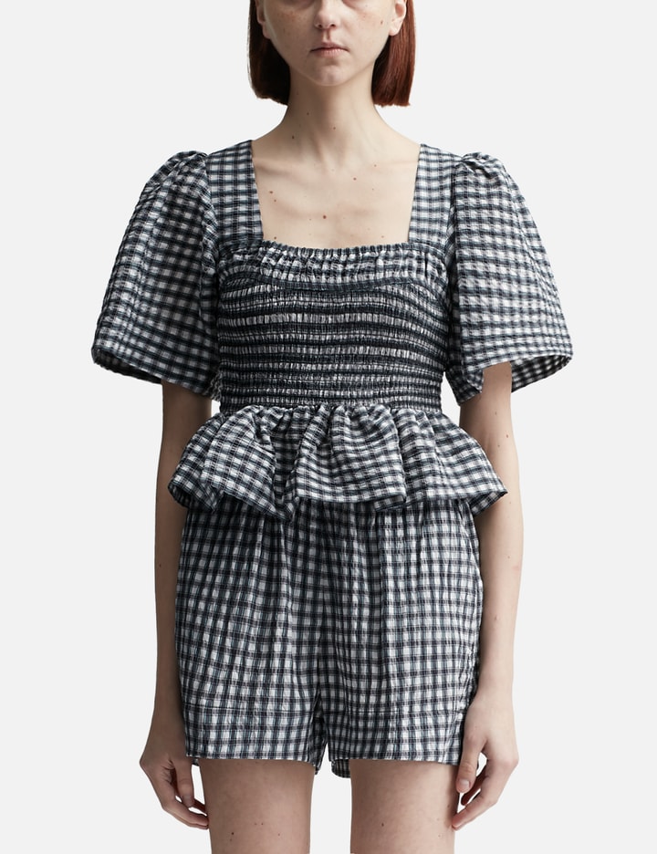 Seersucker Check Open-neck Smock Blouse Placeholder Image